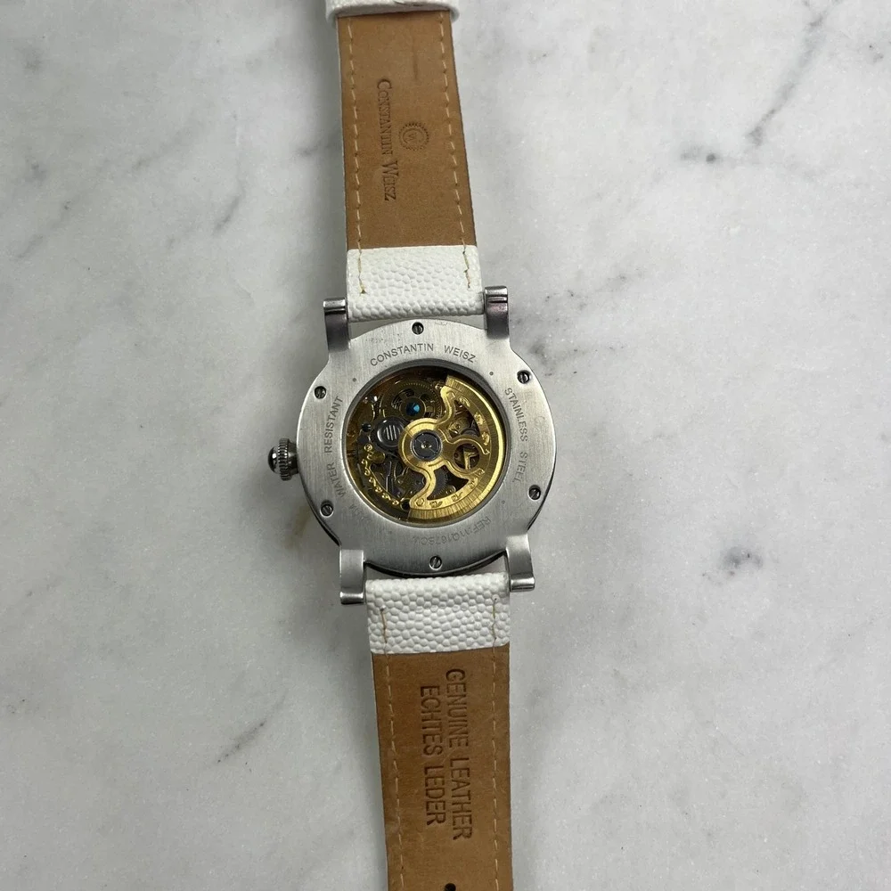 Constantin Weisz Skeleton Automatic Watch Men 42mm White Leather Gold Silver